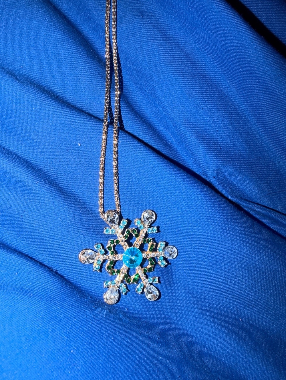 Betsey Johnson Snowflake Pendant Necklace with Blue and Clear Crystals NWT